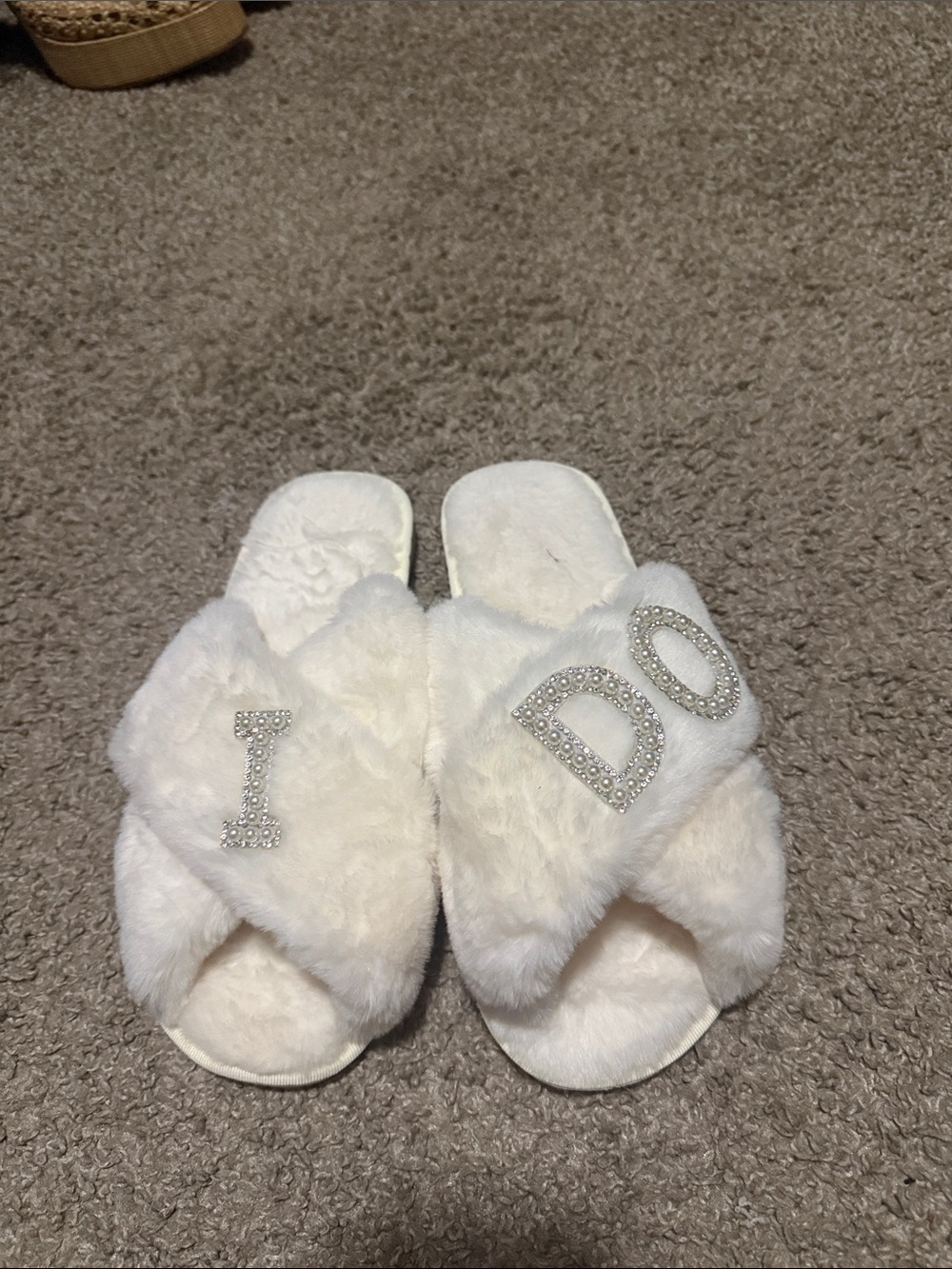 White Faux-Fur Slide Slippers with Crystal 'I DO' Accent